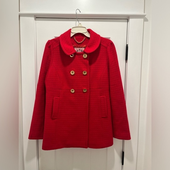 Juicy Couture Women Pea Coat Wool Blend Red God Button Double Breasted Size L - Picture 1 of 9
